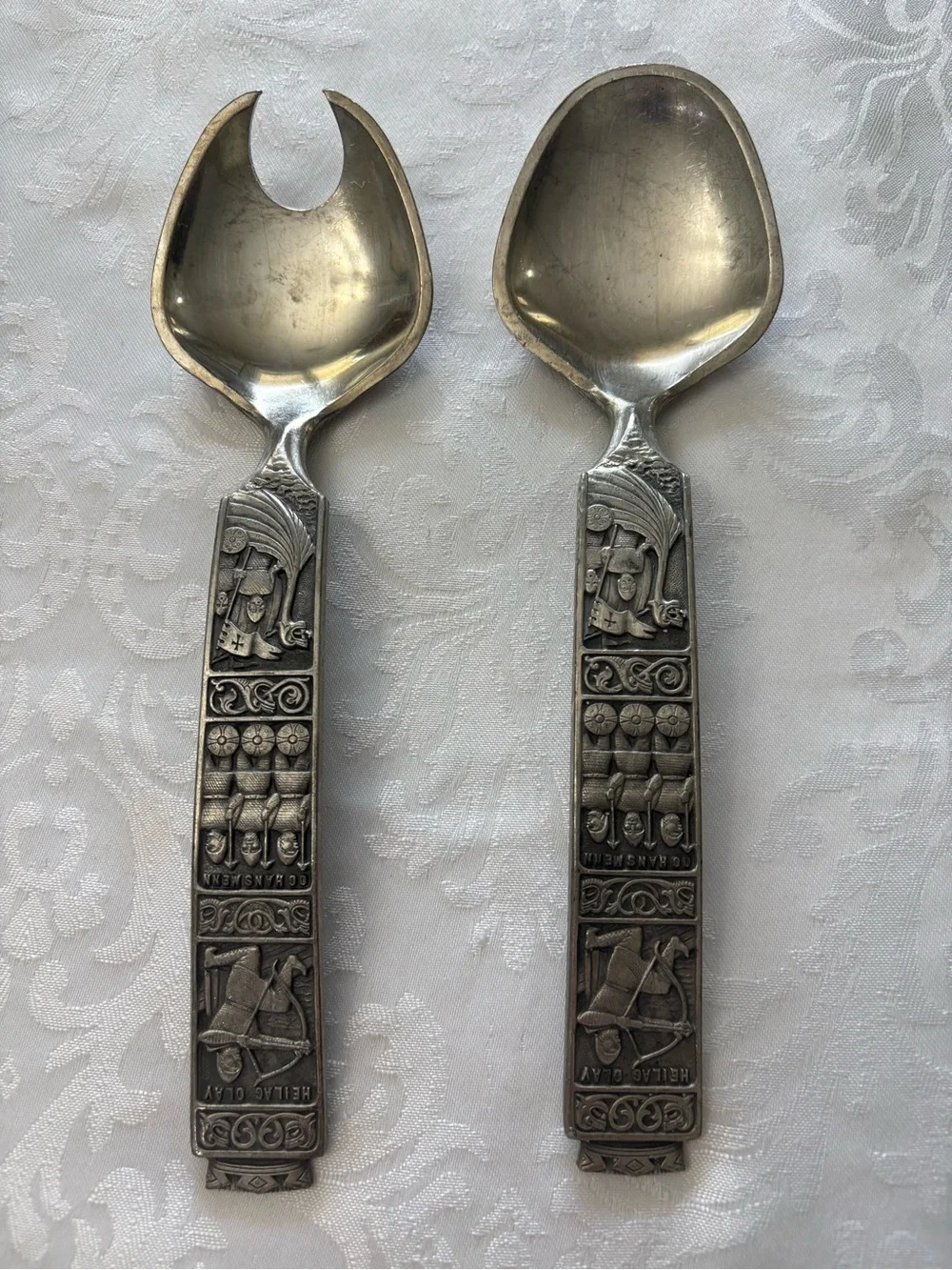 Vtg Konge Tinn Norwegian Pewter Salad Serving Set Viking Heilag Olav Spoons